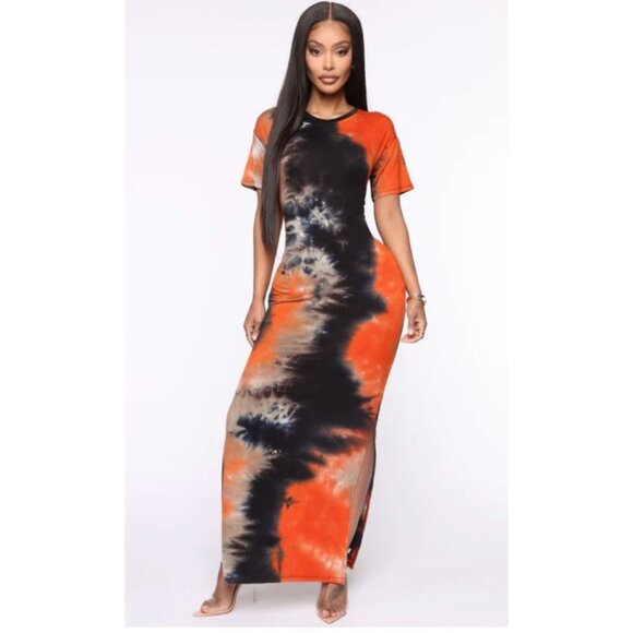 Fashion Nova Dropping The Games Tie Dye T-Shirt Dress Size Large Black Orange - Picture 1 of 10